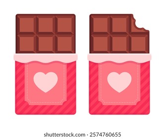 Set of whole and bitten chocolate bars in pink wrappers with heart design. Valentines Day holiday, celebration, romantic, love, gift concept. Flat vector illustration isolated on white background