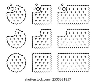 Conjunto de ícones de cracker inteiros e mordidos. Biscoitos doces ou salgados em formas redondas, quadradas e retangulares. Petiscos ou lascas estaladiços isolados sobre fundo branco. Ilustração gráfica vetorial.