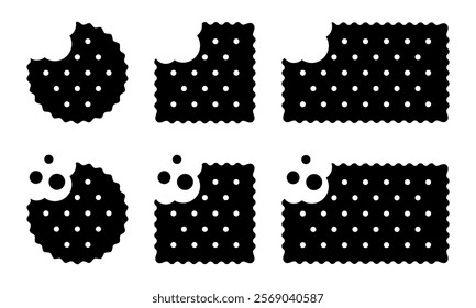 Set of whole and bitten cracker icons with crumbs. Sweet or salty biscuit cookies in round, square and rectangle shapes. Crunchy snacks isolated on white background. Vector graphic illustration.