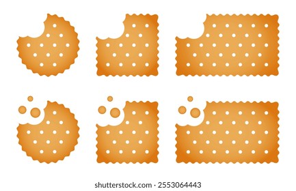 Conjunto de galletas enteras y mordidas con migas. Galletas dulces o saladas en Formas redondas, cuadradas y rectangulares. Populares aperitivos crujientes aislados sobre fondo blanco. Vector ilustración de dibujos animados.