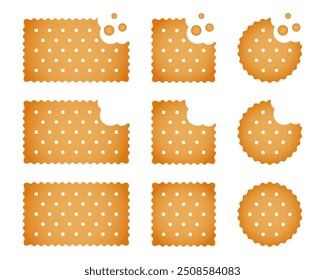 Conjunto de galletas enteras y mordidas. Galletas dulces o saladas en Formas redondas, cuadradas y rectangulares. Populares aperitivos crujientes aislados sobre fondo blanco. Vector ilustración de dibujos animados.