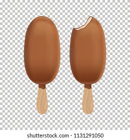 Set of whole and bitten Ice cream bars in realistic style. Realistic  Coated with chocolate ice cream on stick isolated on transparent background. Sweets vector illustration.