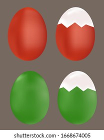 a set of whole and broken eggs in red and green