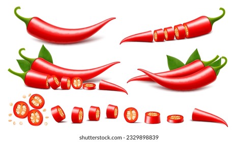 Set of whole and chopped Red chili peppers or paprika. Cayenne pepper. Capsicum annuum. Pieces with seeds, circles, chopped pepper with seeds. Realistic 3d vector illustration