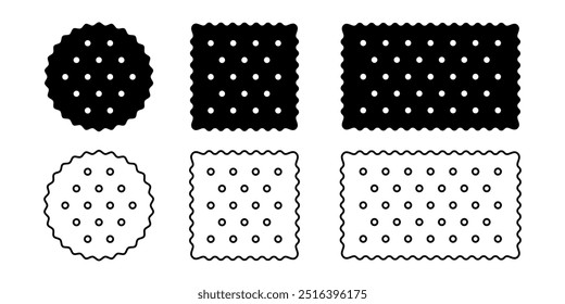 Satz ganzer Knacksymbole. Süße oder salzige Kekse in runden, quadratischen und rechteckigen Formen. Beliebte knackige Snacks einzeln auf weißem Hintergrund. Kinder Leckereien. Vektorgrafik.