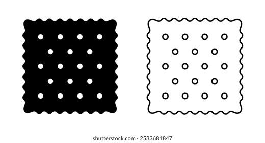 Conjunto de ícones completos do cracker. Biscoitos doces ou salgados em formas quadradas. Pictogramas de snacks crocantes isolados sobre fundo branco. Ilustração gráfica vetorial.