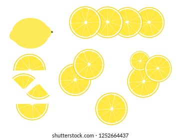 Set of whole, cut in half, sliced on pieces fresh lemons, flat vector illustration. Vibrant juicy ripe citrus fruit collection