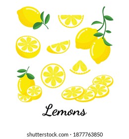 Set of whole, cut in half, sliced on pieces lemon isolated on white background. Set of fresh yellow lemon in various styles vector format. Lemons for  healthy, eating, diet and vitamins.