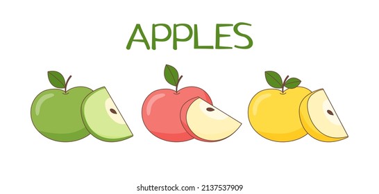 Conjunto de manzanas enteras y cortadas