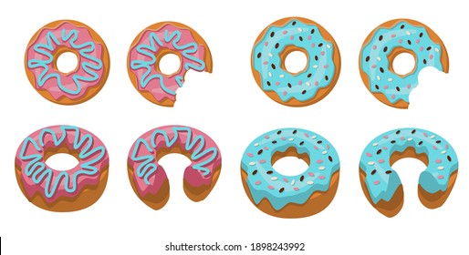 A set of whole doughnuts and half-eaten doughnuts with pink and blue frosting. , isolated on a white background. Vector illustration in flat style. top view and isometric view.