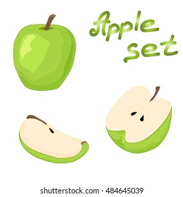 Set of whole green apple, half an apple and a slice of apple. Collection green apple. Hand drawing. Vector illustration.
