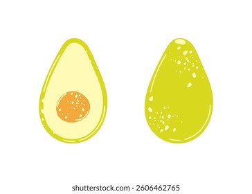 Set of whole and half avocado isolated on white background. Hand drawn flat cartoon vector clipart. Simple avocado icon. Healthy organic nutrition, vegan and vegetarian food concept