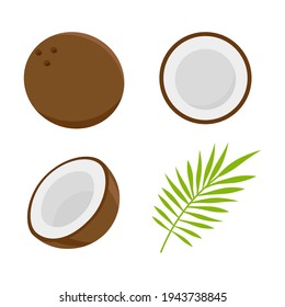 Set whole, half coconut fruits and leaves isolated on white background. Fruits for healthy lifestyle. Cartoon style. Vector illustration.