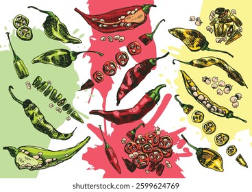 Set of whole and half different type pepper chili with seeds. Outline hand drawn vector illustration. Vintage kitchen background. Isolated green, red and yellow pepper pods on white background.