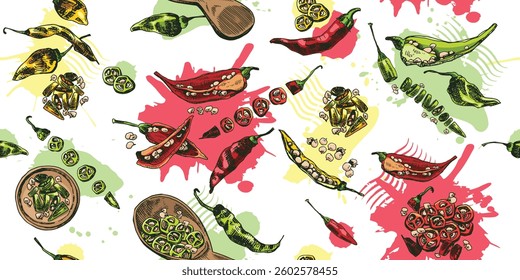 Set of whole and half different type pepper chili with seeds. Outline hand drawn vector illustration. Colorful seamless background. Isolated green, red and yellow pepper pods on white background.