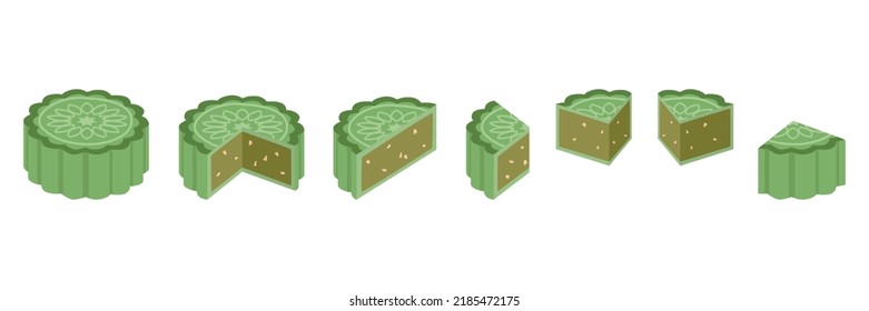 Set of whole, half, quarter cut slice of matcha green tea mooncake with green tea and pumpkin seeds ingredient filling clipart. Green mooncake vector design illustration. Mid-Autumn Festival moon cake