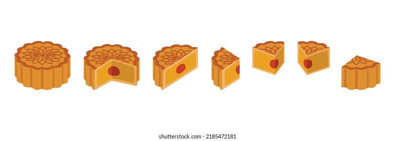 Set of whole, a half, a quarter cut slice of baked mooncake with bean and egg ingredient filling clipart. Brown baked mooncake vector design illustration. Mid-Autumn Festival moon cake concept