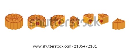 Set of whole, a half, a quarter cut slice of baked mooncake with bean and egg ingredient filling clipart. Brown baked mooncake vector design illustration. Mid-Autumn Festival moon cake concept