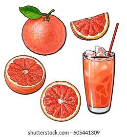 Set of whole, half, quarter grapefruit and glass of fresh juice with ice, sketch style vector illustration on white background. Hand drawn whole and cut grapefruit and glass of juice with ice