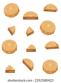 Set of whole, half, a quarter of mooncakes. Mid Autumn Festival moon cake clipart.