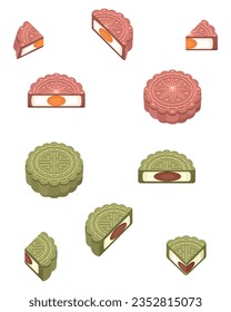 Set of whole, half, a quarter of mooncakes. Mid Autumn Festival moon cake clipart. Matcha and strawberry moon cake.