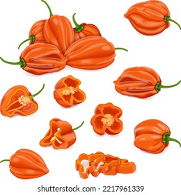 Set with whole, half, quarter, slices, and wedges of orange habanero chili peppers. Capsicum chinense. Hot chili pepper. Fresh organic vegetables. Vector illustration isolated on white background.