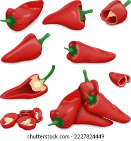 Set with whole, half, quarter, slices, and wedges of Spanish Piquillo peppers. Pimiento pepper. Capsicum annuum. Red chili pepper. Vegetables. Vector illustration isolated on white background.