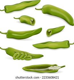 Set with whole, half, quarter, slices, and wedges of Green anaheim peppers. Capsicum annuum. Chili pepper. Fresh organic vegetables. Vector illustration isolated on white background.