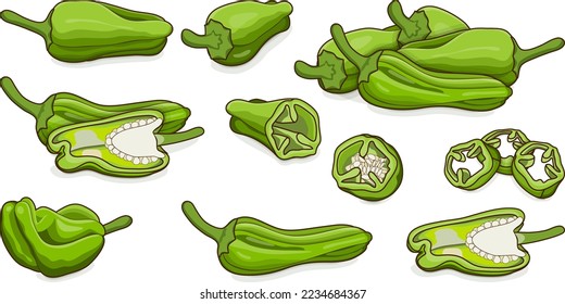 Se ubica con trozos de pimientos verdes pequeños de Padron. Pimientos de padron. Capsicum annuum. Pimienta chile. Verduras. Estilo de caricatura. Ilustración vectorial aislada en fondo blanco.