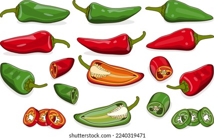 Se ubica con trozos de pimientos de chile de Fresno enteros, a medias, en cuarto. Pimientos frescos rojos, verdes y naranjas. Pimienta chile. Verduras. Estilo de caricatura. Ilustración vectorial aislada en fondo blanco.