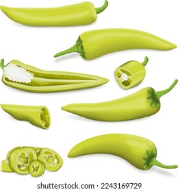 Set with whole, half, quarter, slices, and wedges of Hungarian Chile Peppers. Hungarian wax pepper. Hot Wax pepper. Capsicum annuum. Vegetables. Vector illustration isolated on white background.