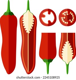 Fijado con trozos enteros de pimientos de Alepo en un cuarto. Pimientos Halaby. Pimientos halabe. Capsicum annuum. Pimienta chile. Verduras. Estilo plano. Ilustración vectorial aislada en fondo blanco.