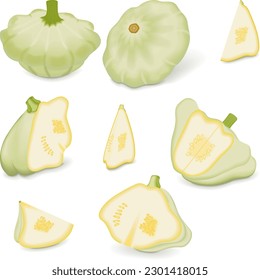 Conjunto con trozos enteros, de media o de cuarto, de calabaza o calabaza de calabaza o calabaza de calabaza. Calabaza veraniega. Cucurbita pepo. Frutas y verduras. Ilustración vectorial aislada en fondo blanco.