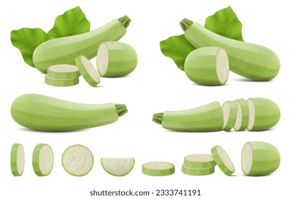 Set with whole, half, quarter, slices, and wedges of Green Zucchini. Courgette or marrow. Summer squash. Cucurbits. Fruits and vegetables. Realistic 3d vector illustration isolated on white background