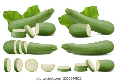 Set with whole, half, quarter, slices, and wedges of Green Zucchini. Courgette or marrow. Summer squash. Cucurbits. Fruits and vegetables. Realistic 3d vector illustration isolated on white background