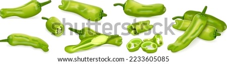 Set with whole, half, quarter, slices, and wedges of Shishito green pepper. Capsicum annuum. Chili pepper. Fresh organic vegetables. Vector illustration isolated on white background.