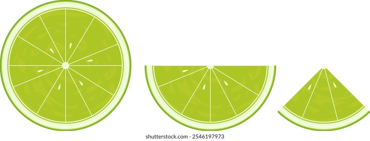 Conjunto de rodajas de lima enteras, a medias y en cuartos y cortadas sobre un fondo transparente. Ilustración vectorial aislada.	