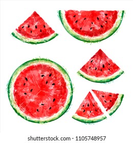 Set of whole, half and slices of watermelon in a cut on a white background. Summer design. Vector watercolor. Top view