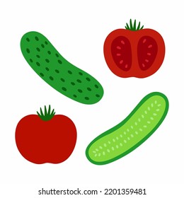 A set of whole and half vegetables for salad -cucumber and tomato.Vector illustration