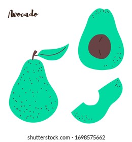 Set of whole and halved avocados isolated on a white background. Vector illustration, flat.