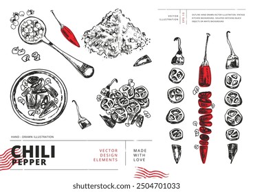 Set of whole, halved, chopped, crushed and dry chili peppers with seeds. Outline hand drawn vector illustration. Vintage kitchen background. Isolated hatching black objects on white background.