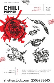 Set of whole, halved, chopped, crushed and dry chili peppers with seeds. Outline hand drawn vector illustration. Vintage kitchen background. Isolated hatching black objects on white background.