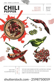 Set of whole, halved, chopped, crushed and dry chili peppers with seeds. Outline hand drawn vector illustration. Vintage kitchen background. Isolated hatching black objects on white background.