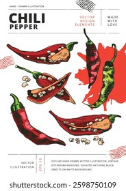 Set of whole, halved, chopped, crushed and dry chili peppers with seeds. Outline hand drawn vector illustration. Vintage kitchen background. Isolated hatching black objects on white background.