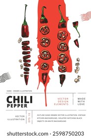 Set of whole, halved, chopped, crushed and dry chili peppers with seeds. Outline hand drawn vector illustration. Vintage kitchen background. Isolated hatching black objects on white background.