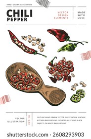 Set of whole, halved, chopped, crushed and dry chili peppers with seeds. Outline hand drawn vector illustration. Vintage kitchen background. Isolated hatching black objects on white background.
