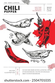 Conjunto de chiles enteros, cortados a la mitad, triturados y secos con semillas. Esquema de Ilustración vectorial dibujada a mano. Fondo de la cocina de Antiguas. Objetos negros aislados que eclosionan en el fondo blanco.