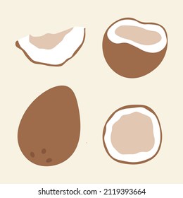 A set of whole, halves and slices of coconuts. Exotic fruits for social networks, postcards, prints. Vector illustration.