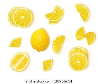 a set of whole lemon, lemon halves, slices and quarters of lemons lying on a white background. vector illustration