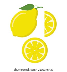 Set of whole lemon, slices and slices on a white background. Vector isolated objects for use in website design or as a clipart
